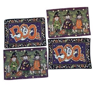 Vintage Halloween Woven Placemats Tapestry Set Pumpkins Witches 90s Cottagecore